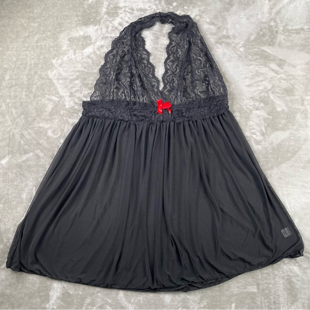 Elegant Black Lace Sheer Babydoll Lingerie Red Bow Size 5XL Fits 3XL 4XL 5XL